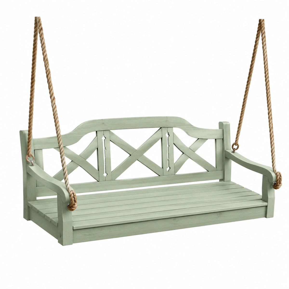 Balancelle suspendue en bois vert pâle et beige, 150 x 65 x 60 cm