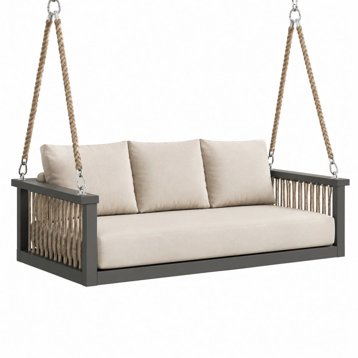 Banquette suspendue 2 places 160 x 80 x 65 cm en métal, corde tressée et textile Beige/Anthracite