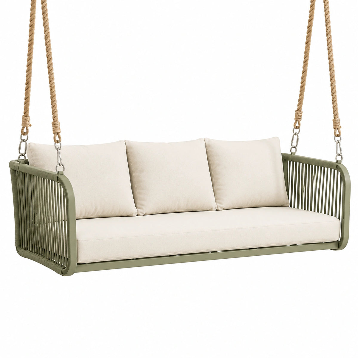 Balancelle suspendue 150 x 75 x 65 cm en métal vert et beige