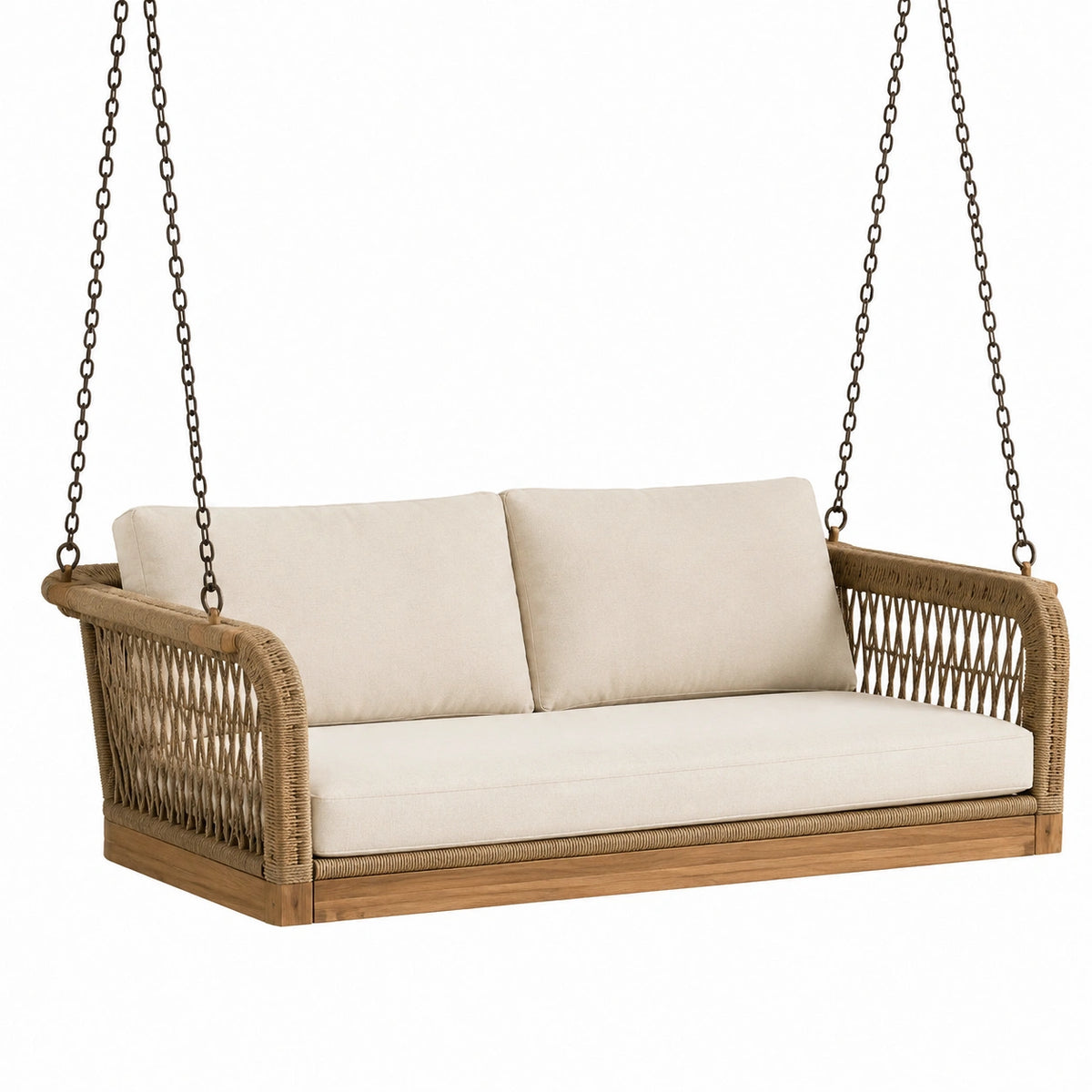 Balancelle suspendue 2 places 160 x 75 x 190 cm en bois et corde, Beige Naturel Marron