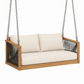 Balancelle suspendue 2 places 130 x 75 x 65 cm en bois naturel, cordage noir et coussins écru