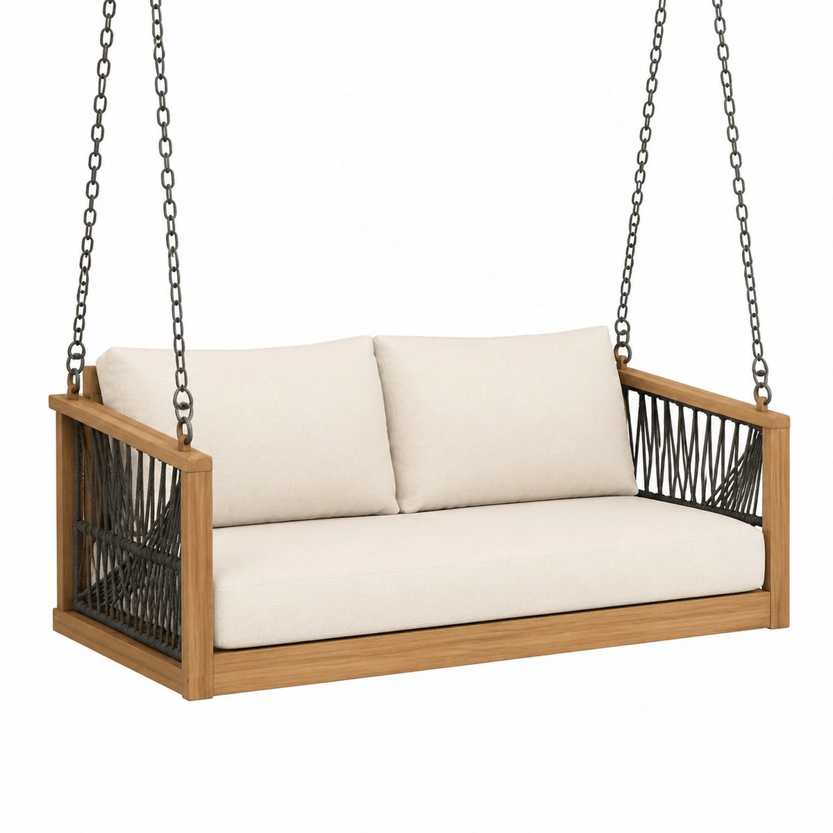 Balancelle suspendue 2 places 130 x 75 x 65 cm en bois naturel, cordage noir et coussins écru
