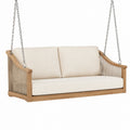 Balancelle suspendue 2 places 150 x 70 x 60 cm en bois marron clair avec coussins beige et chaînes argentées