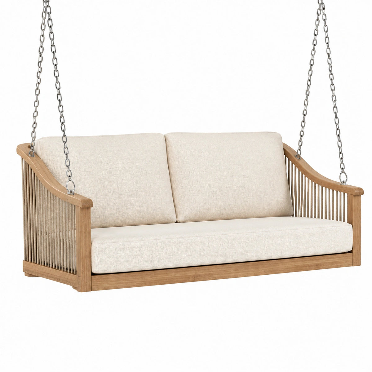Balancelle suspendue 2 places 150 x 70 x 60 cm en bois marron clair avec coussins beige et chaînes argentées
