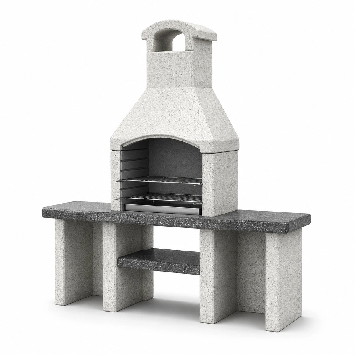 Barbecue de jardin en béton gris avec cheminée et grilles réglables, 160 x 70 x 210 cm