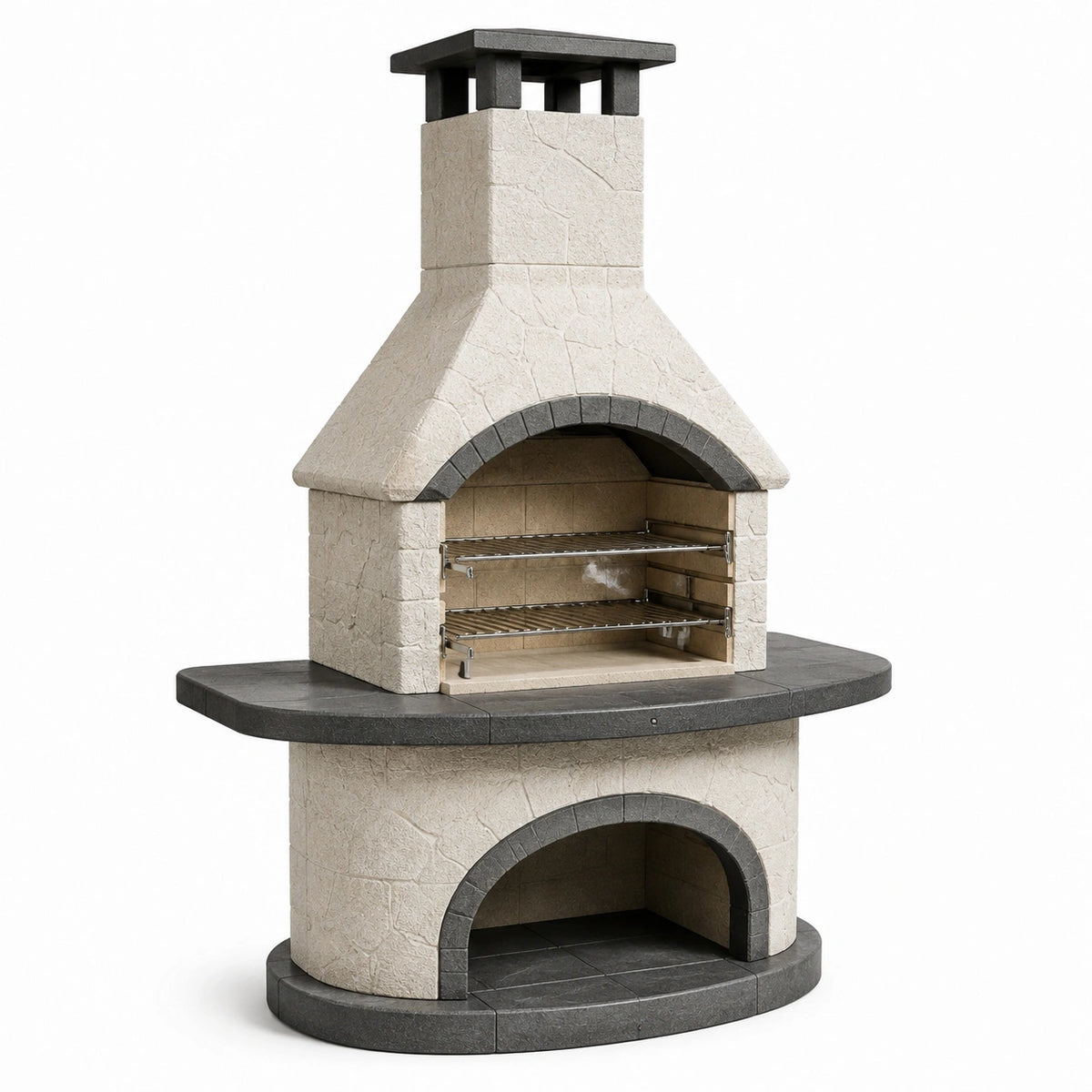 Barbecue extérieur fixe 140 x 75 x 250 cm en pierre reconstituée Beige et Anthracite avec cheminée et deux grilles réglables