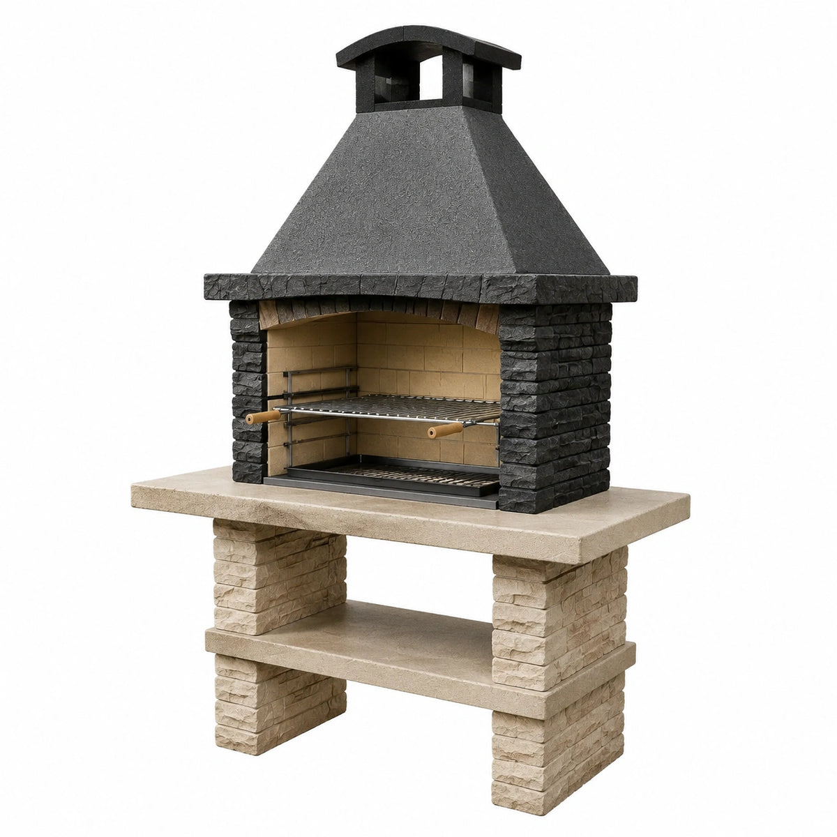 Barbecue fixe rustique en pierre et métal Noir/Beige, 120 x 70 x 210 cm