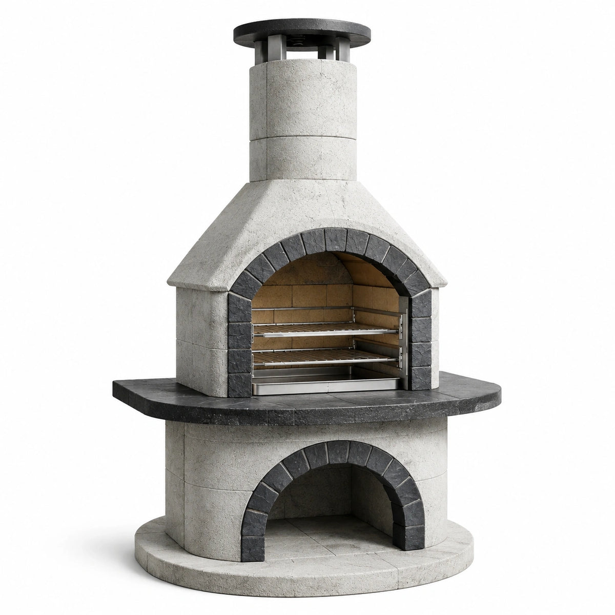 Four à pizza extérieur en pierre gris clair et gris foncé Ø120 x 220 cm avec cheminée et grilles