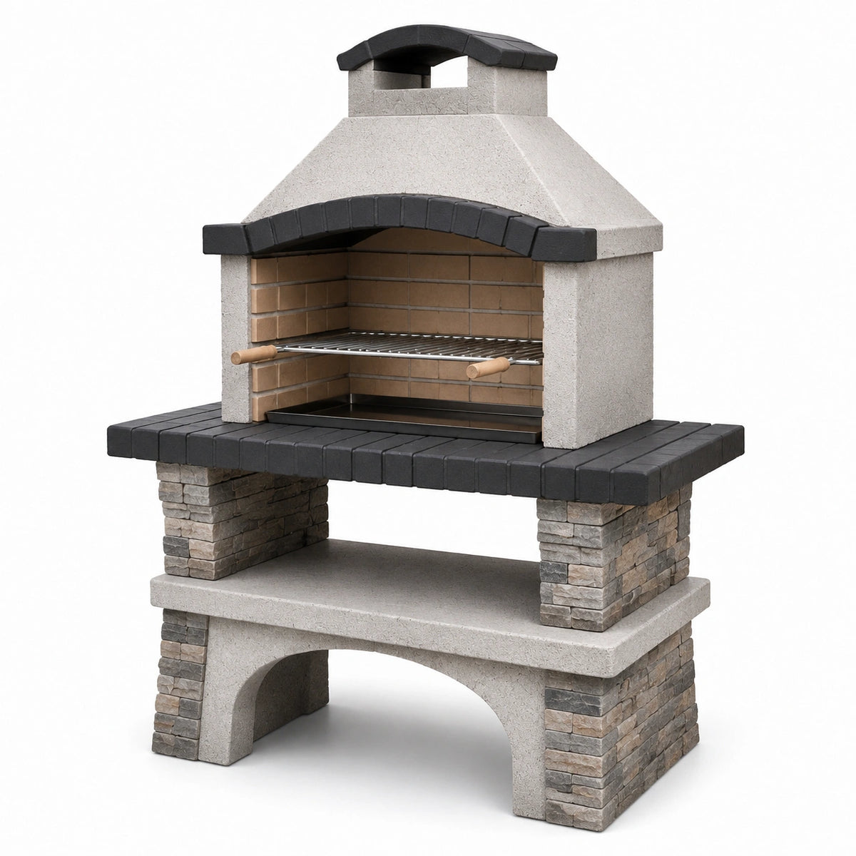 Barbecue fixe extérieur en pierre beige, noir et gris, 120 x 70 x 210 cm, avec grille réglable