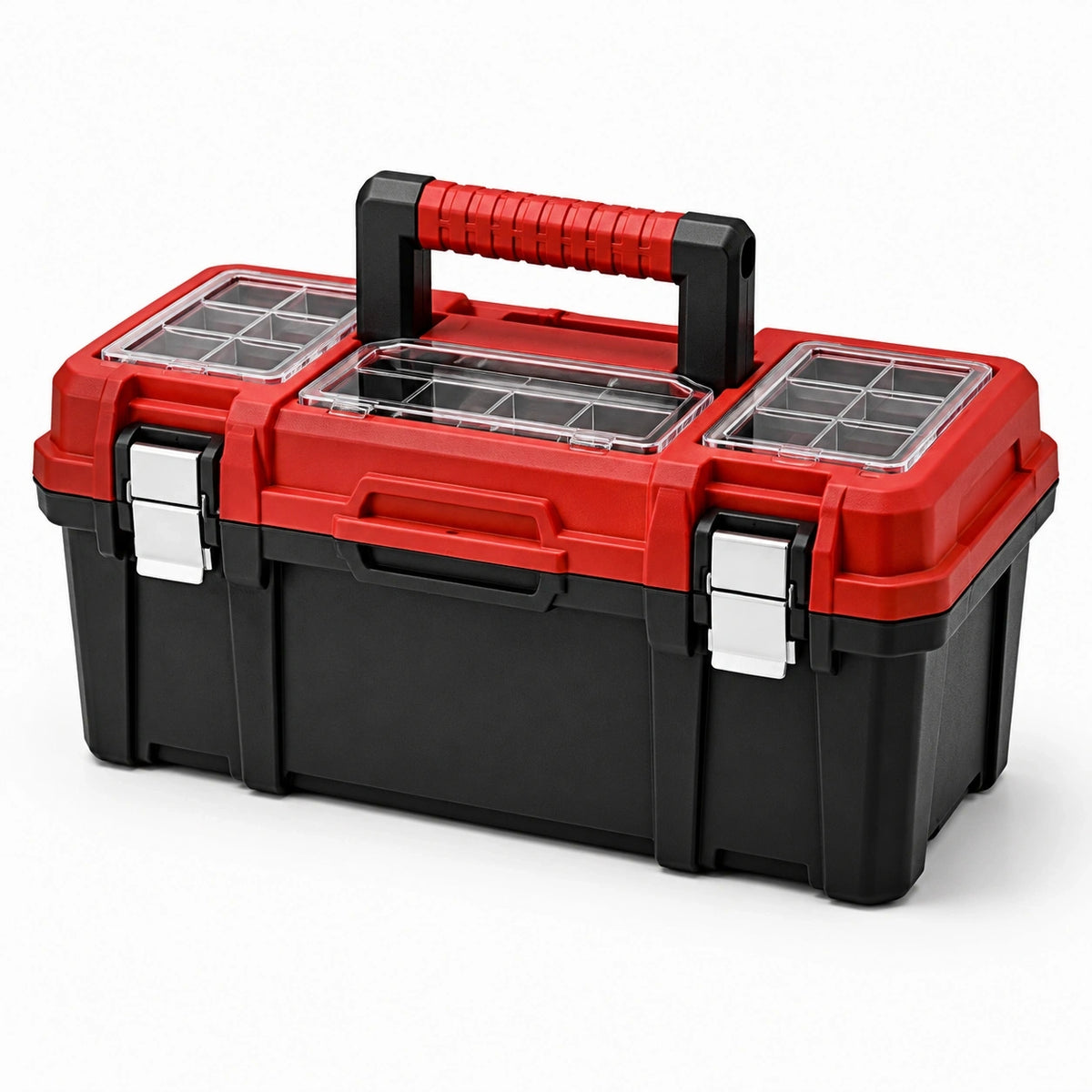 Boîte à outils Rouge/Noir 50 x 25 x 25 cm avec organiseurs transparents et poignée de transport