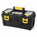 Coffre de rangement portable en plastique noir et jaune, 55 x 30 x 28 cm, avec compartiments transparents