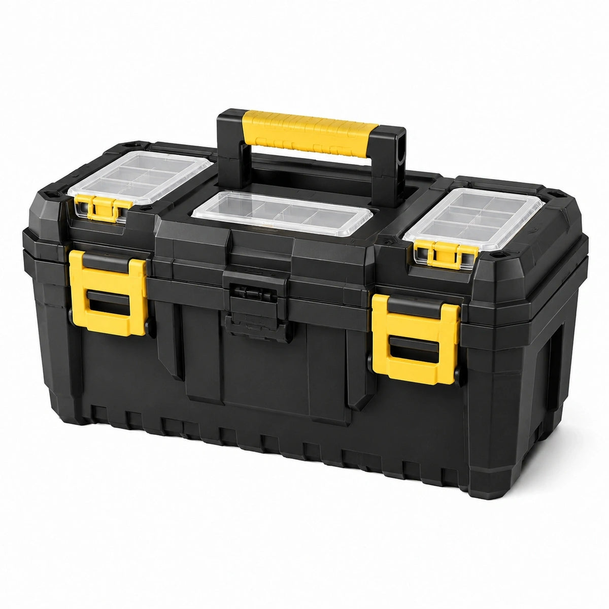 Coffre de rangement portable en plastique noir et jaune, 55 x 30 x 28 cm, avec compartiments transparents