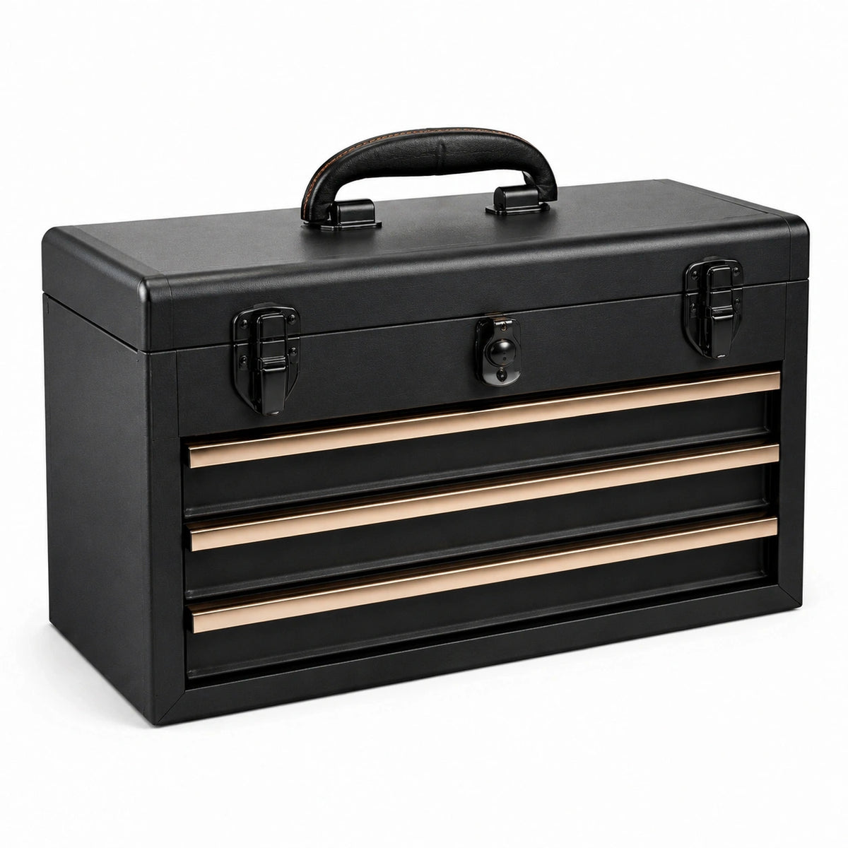 Mallette à outils portable en similicuir noir et bronze avec 3 tiroirs, 45 x 25 x 33 cm