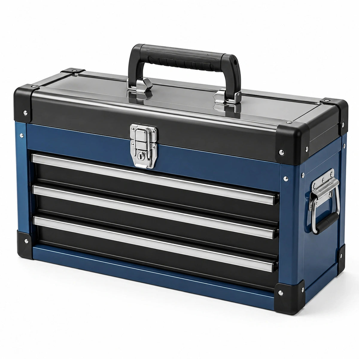 Coffre à outils en métal bleu, noir et argenté 50 x 25 x 35 cm avec 4 tiroirs et poignées de transport