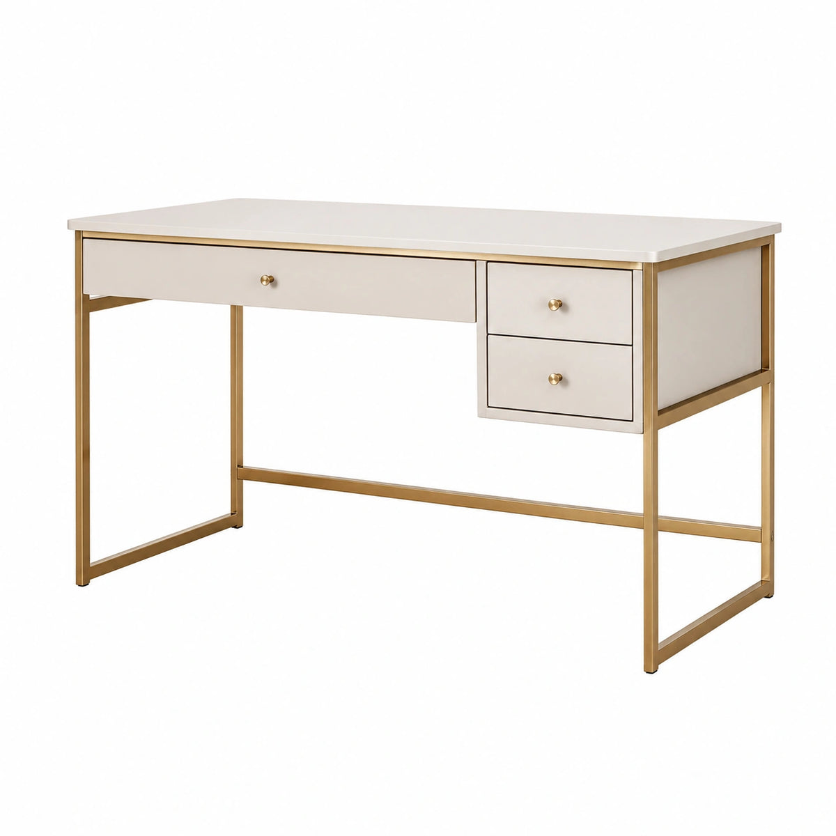 Bureau contemporain blanc et doré avec 3 tiroirs, 120 x 60 x 76 cm