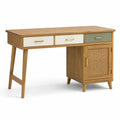Bureau rétro 120 x 55 x 76 cm en bois naturel, blanc cassé, vert sauge et doré avec cannage