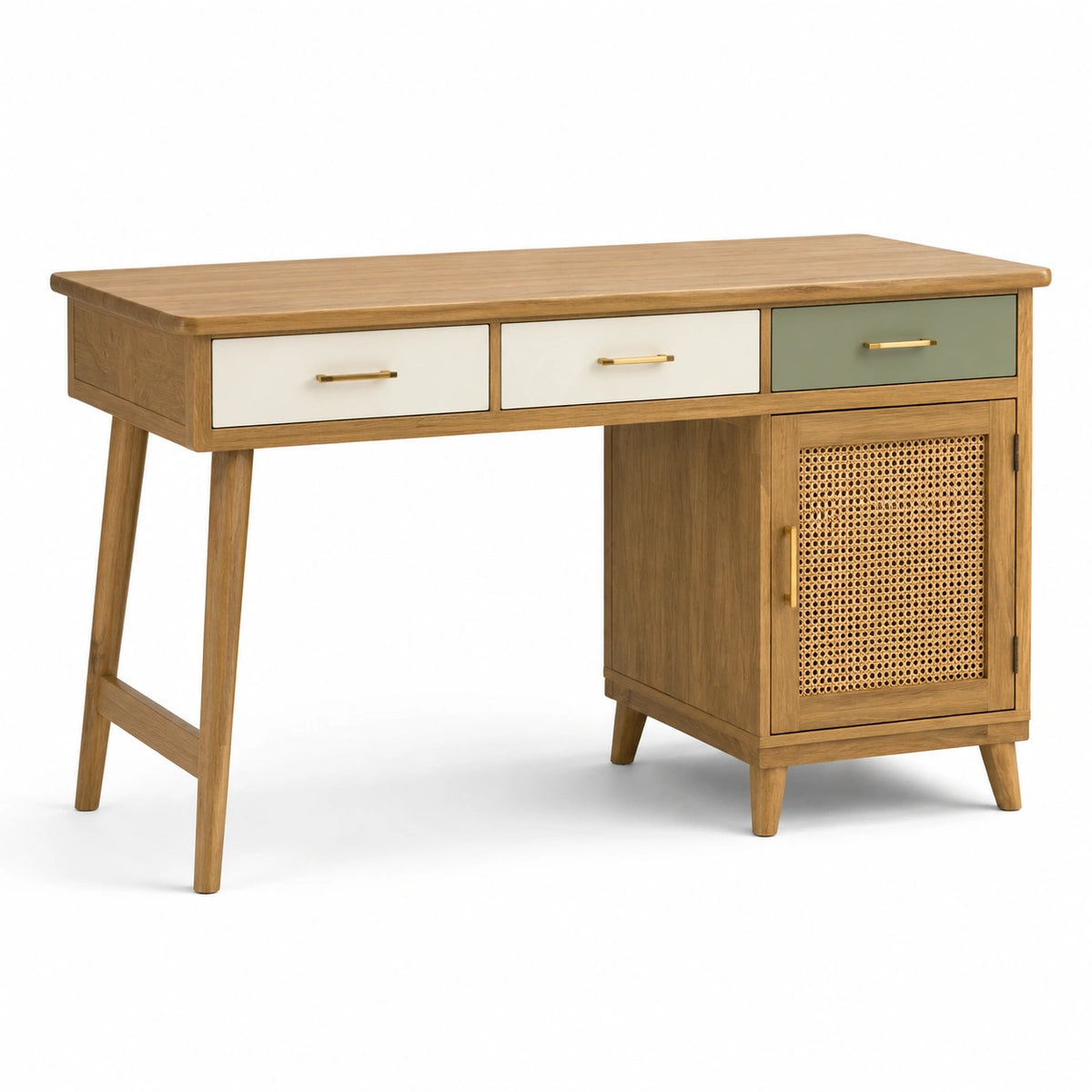 Bureau rétro 120 x 55 x 76 cm en bois naturel, blanc cassé, vert sauge et doré avec cannage