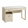Bureau contemporain 120 x 60 x 75 cm blanc crème et doré, plateau effet marbre et rangements