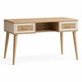 Bureau rétro 120 x 55 x 76 cm en bois clair, beige et doré avec 2 tiroirs en rotin