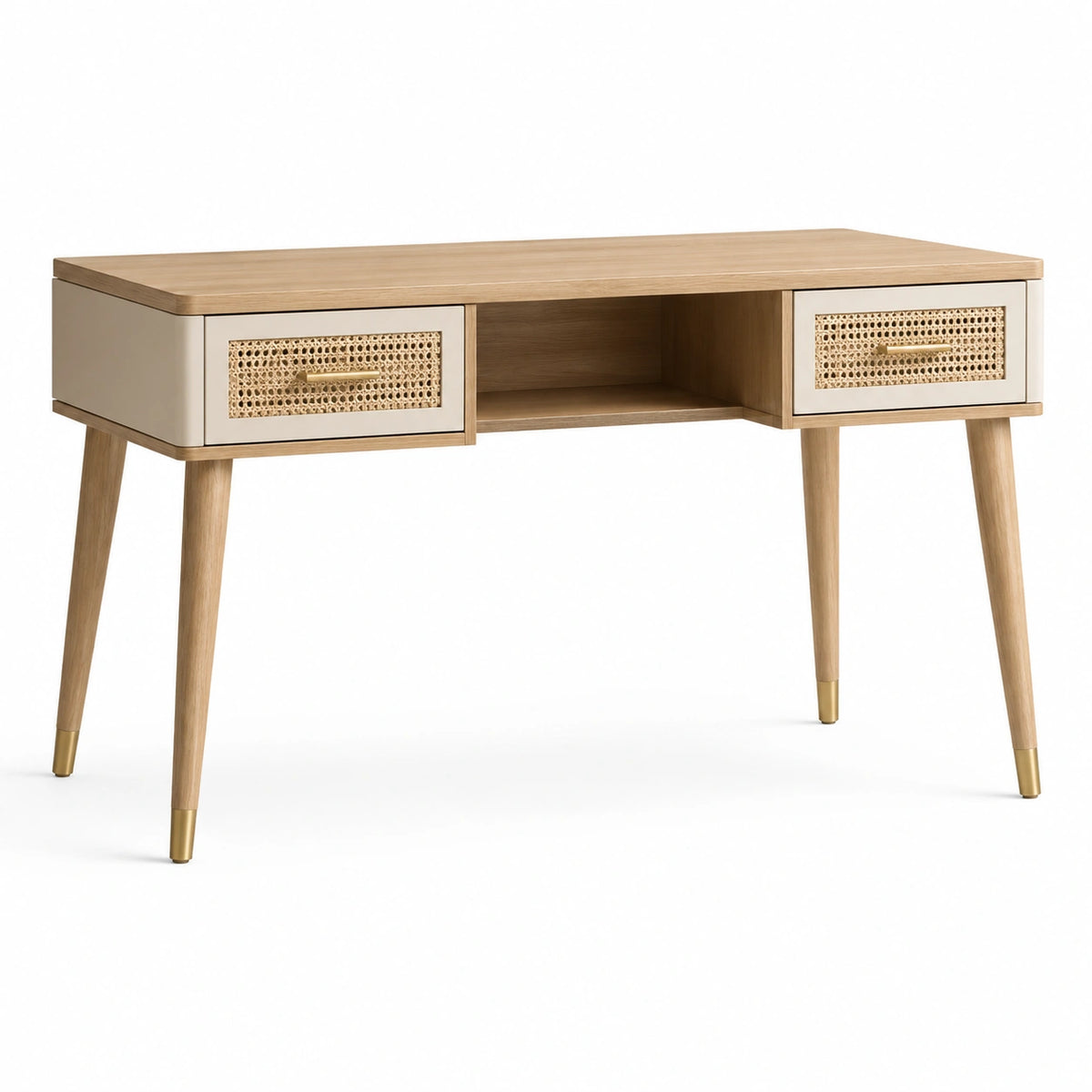 Bureau rétro 120 x 55 x 76 cm en bois clair, beige et doré avec 2 tiroirs en rotin