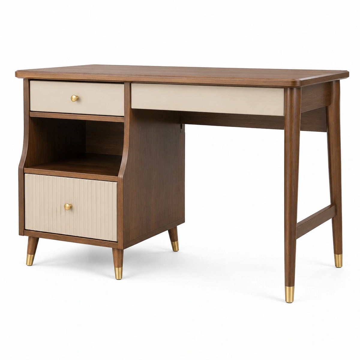 Bureau rétro en bois brun, beige et doré, 3 tiroirs et niche ouverte, 120 x 60 x 75 cm