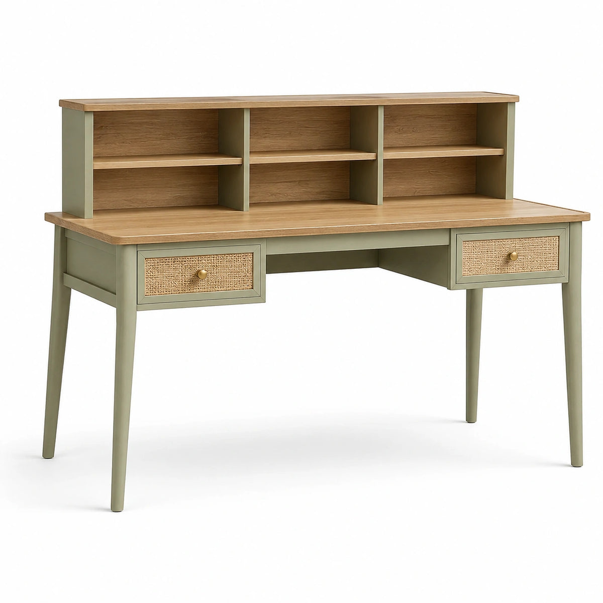 Bureau avec étagère 120 x 60 x 110 cm, Vert sauge et Naturel, 2 tiroirs
