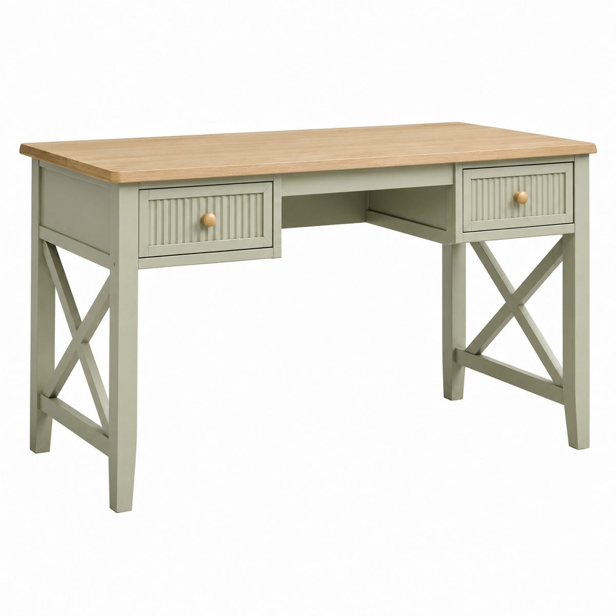 Bureau style campagne 120 x 60 x 75 cm vert sauge et chêne clair avec 2 tiroirs