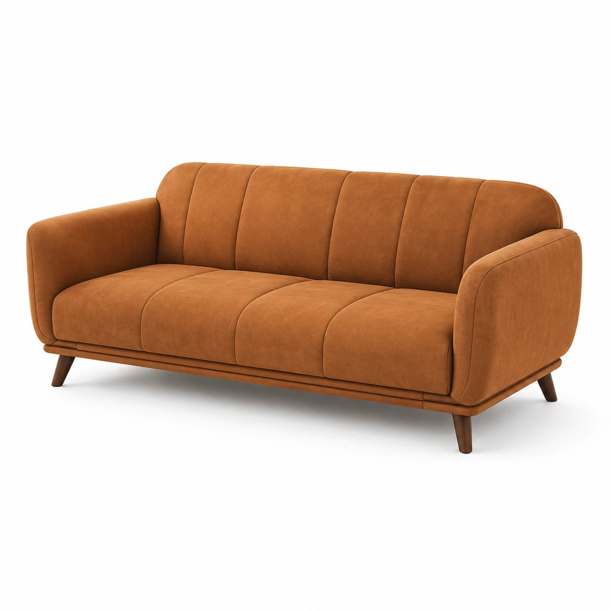 Canapé 3 places rétro camel effet daim avec pieds en bois marron foncé, 210 x 90 x 85 cm