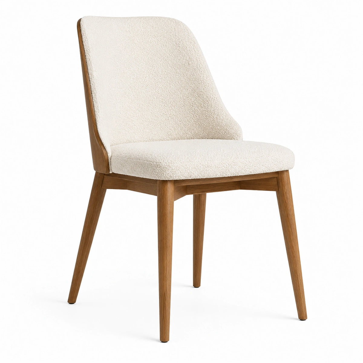 Chaise contemporaine en bois et tissu bouclette écru et marron, 50 x 57 x 85 cm