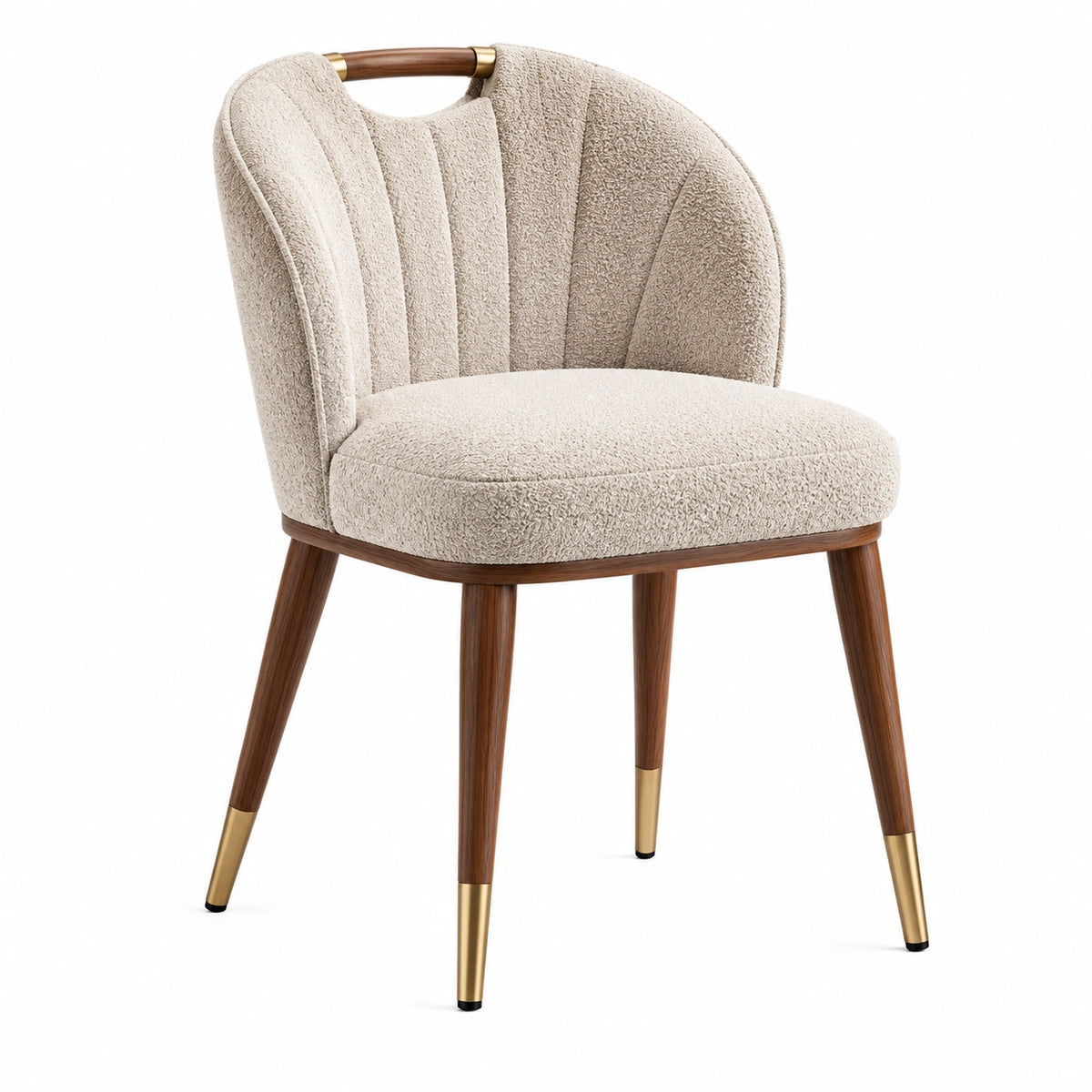 Chaise contemporaine 60 x 60 x 80 cm en tissu bouclette beige, pieds marron et détails dorés
