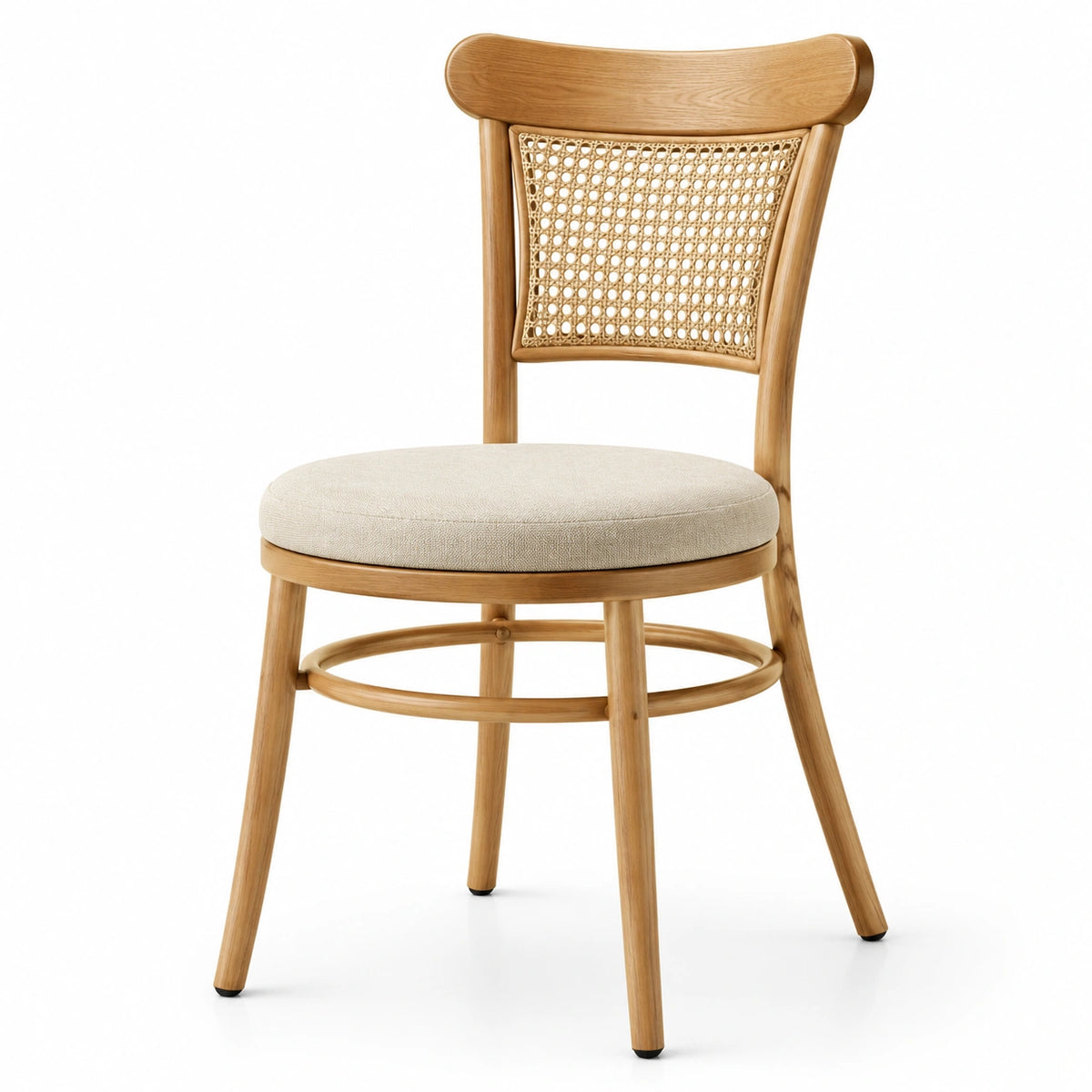 Chaise rétro 50 x 56 x 85 cm en bois naturel, cannage et tissu beige