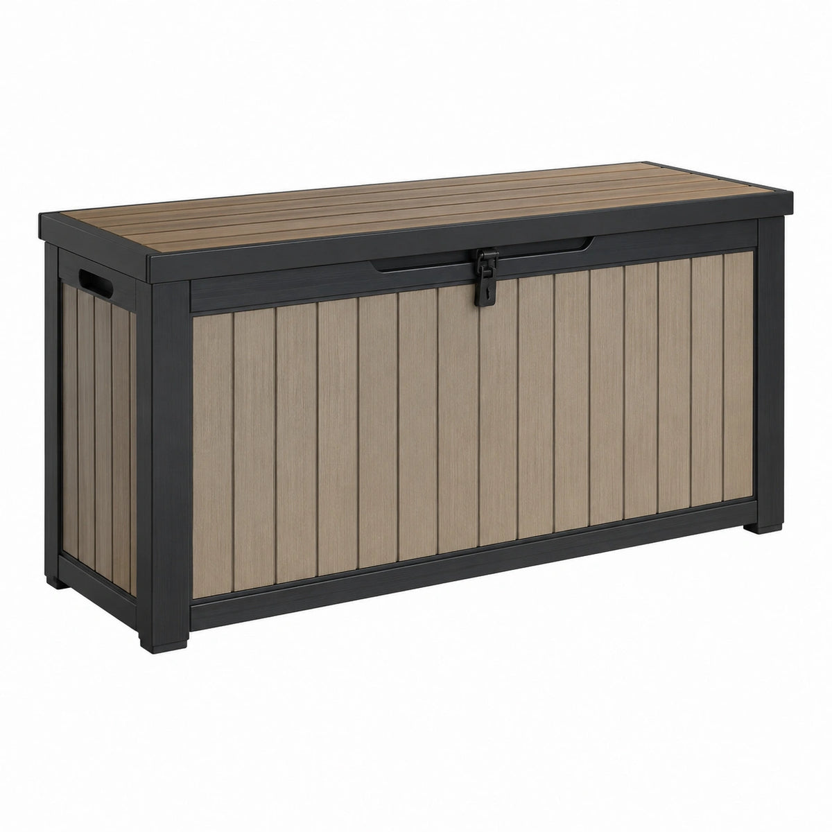 Coffre de rangement extérieur en résine beige et noir, 120 x 60 x 70 cm, couvercle verrouillable