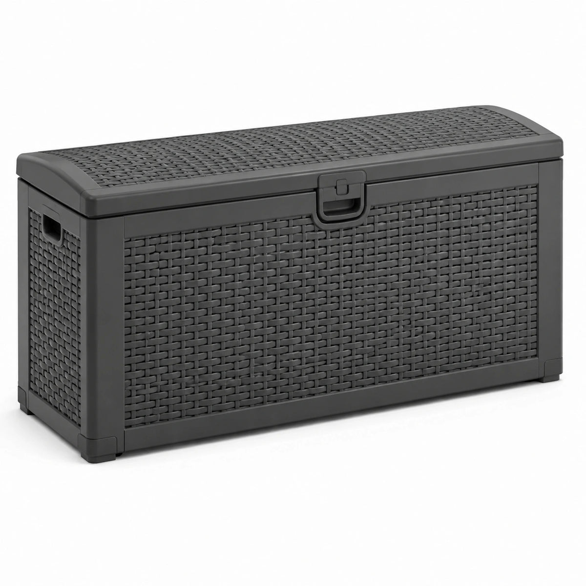 Coffre de rangement extérieur en plastique tressé gris anthracite avec couvercle, 120 x 52 x 60 cm