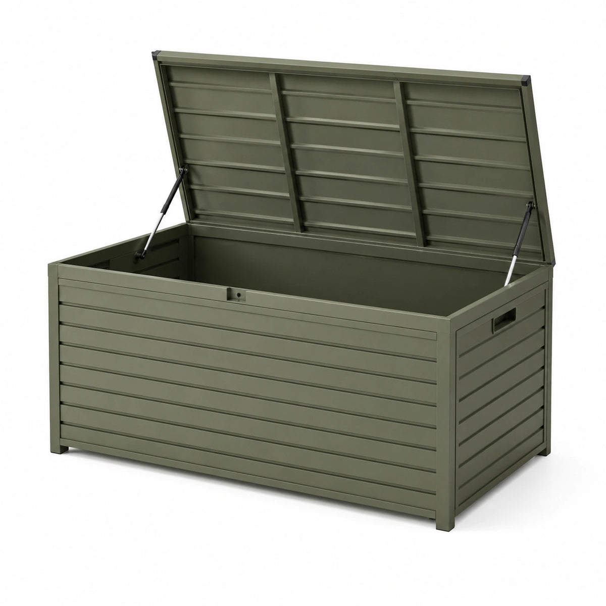 Coffre de rangement extérieur en acier vert kaki 130 x 60 x 63 cm avec couvercle relevable