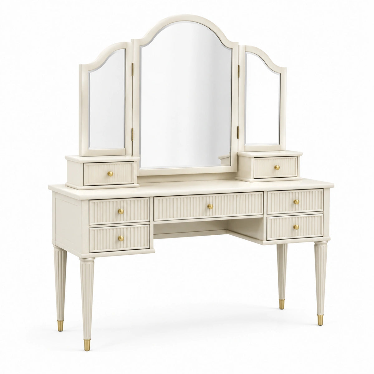 Coiffeuse classique blanc cassé et doré 120 x 45 x 150 cm avec miroir triptyque et 7 tiroirs