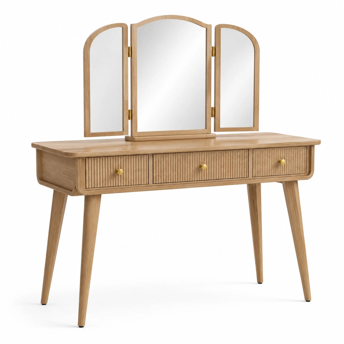 Coiffeuse rétro Chêne clair et Doré 120 x 45 x 145 cm avec miroir triptyque et 3 tiroirs
