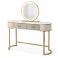 Coiffeuse contemporaine beige et dorée avec miroir rond lumineux, 2 tiroirs, 120 x 45 x 145 cm
