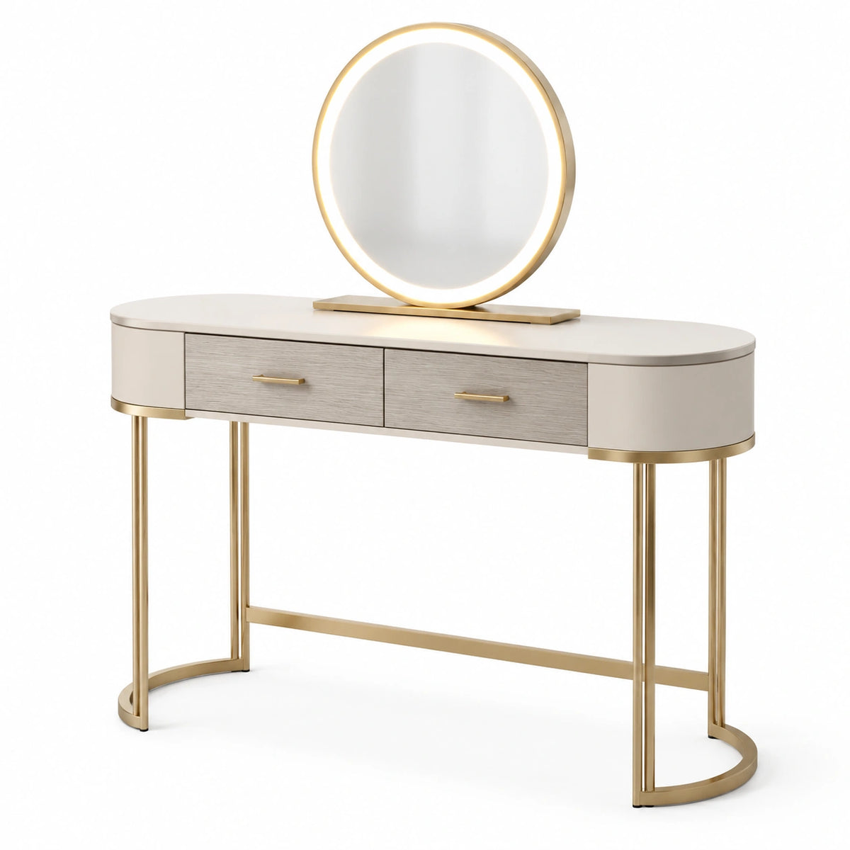 Coiffeuse contemporaine beige et dorée avec miroir rond lumineux, 2 tiroirs, 120 x 45 x 145 cm