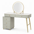 Coiffeuse contemporaine avec miroir rond lumineux, 5 tiroirs, gris clair, blanc et doré, 120 x 45 x 140 cm