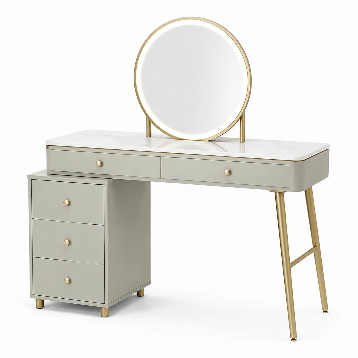 Coiffeuse contemporaine avec miroir rond lumineux, 5 tiroirs, gris clair, blanc et doré, 120 x 45 x 140 cm