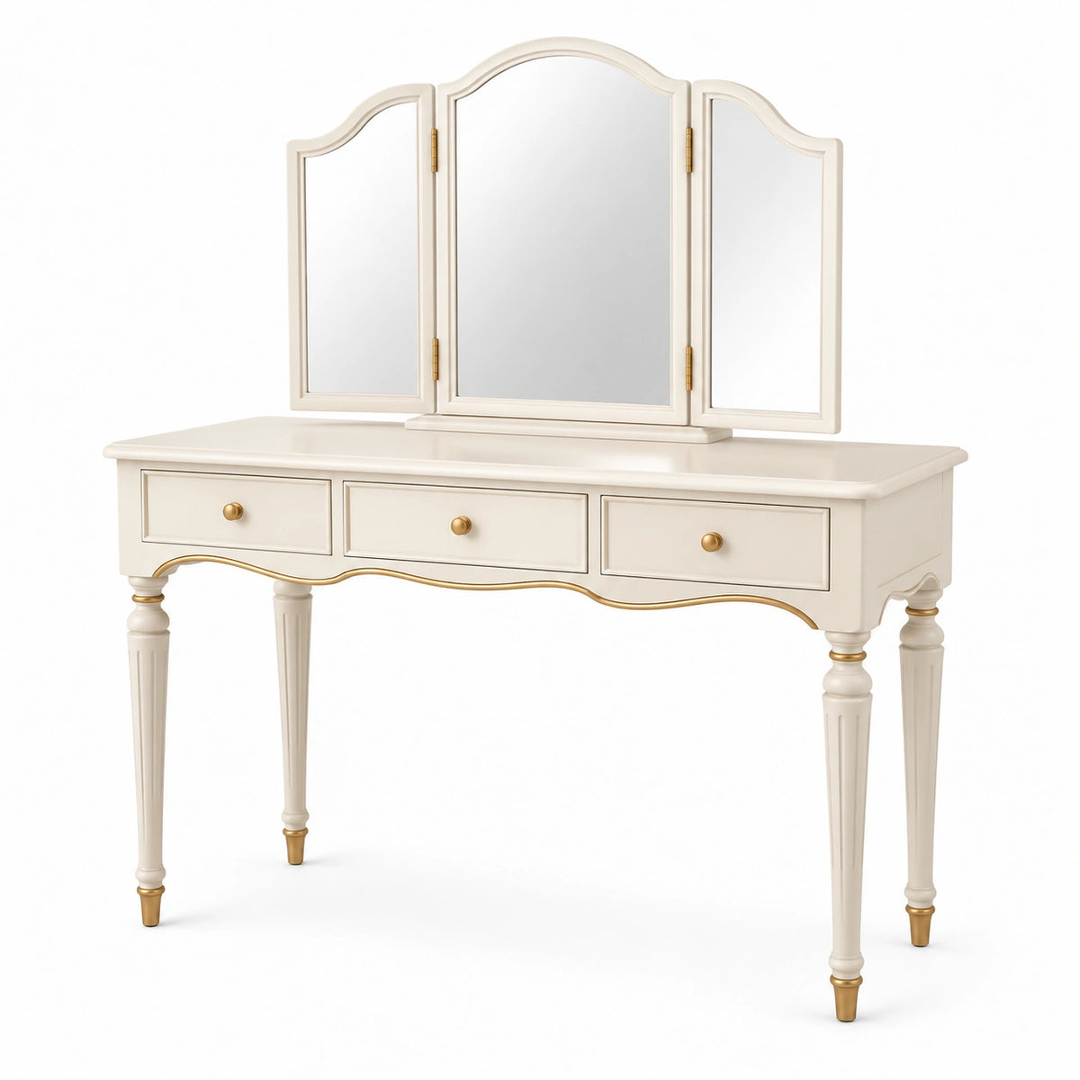 Coiffeuse classique 100 x 45 x 150 cm en bois blanc ivoire et doré avec miroir triptyque