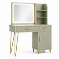 Coiffeuse vert sauge et doré 100 x 45 x 150 cm avec miroir lumineux, tiroirs et étagères