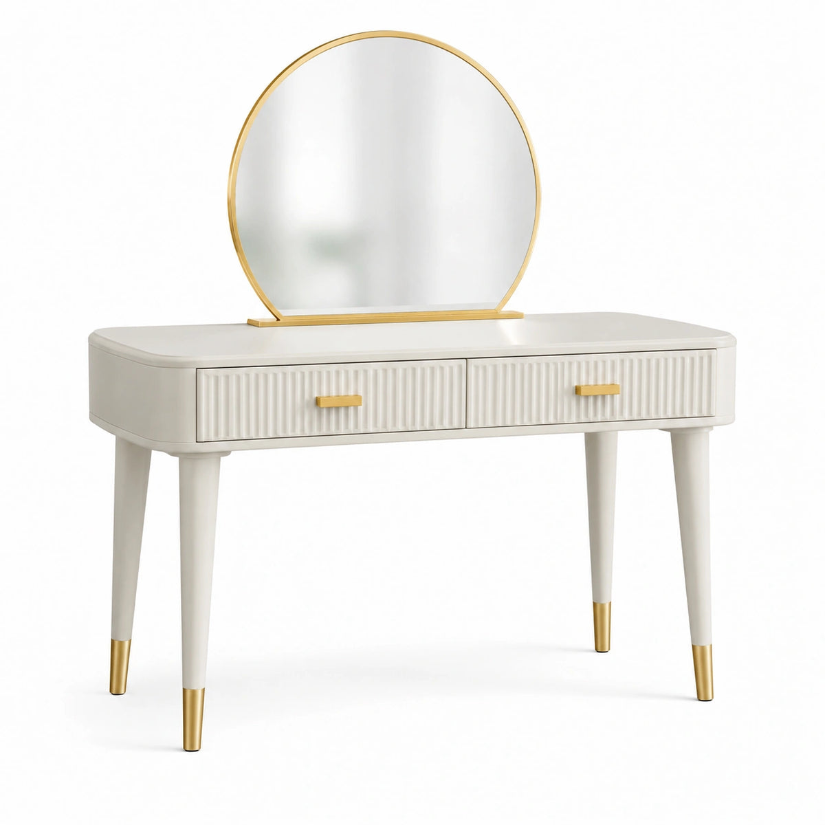 Coiffeuse moderne blanc et doré 120 x 45 x 145 cm avec miroir rond et 2 tiroirs