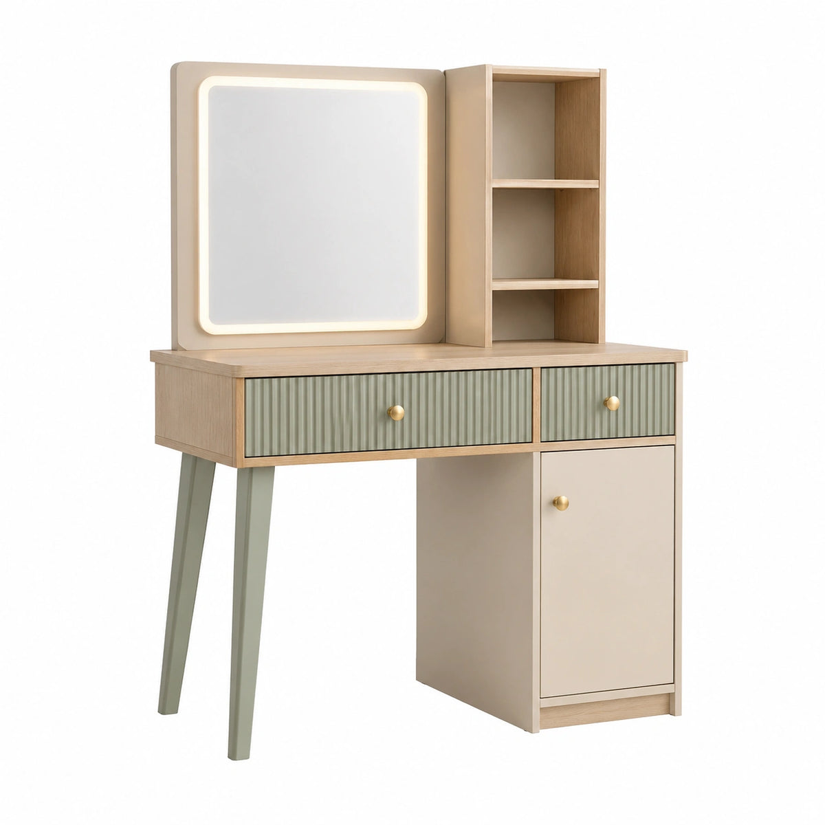 Coiffeuse beige et vert sauge 100 x 40 x 140 cm avec miroir lumineux et rangements