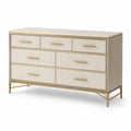 Commode contemporaine à 7 tiroirs, 160 x 45 x 90 cm, Beige, Blanc et Doré