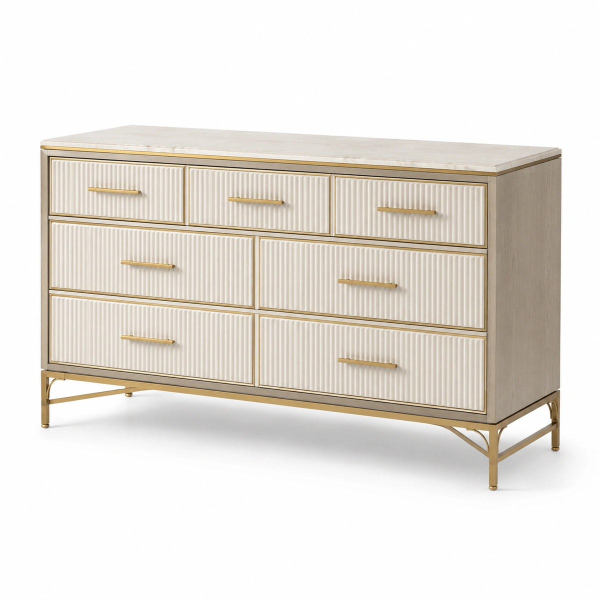 Commode contemporaine à 7 tiroirs, 160 x 45 x 90 cm, Beige, Blanc et Doré
