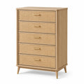 Commode en bois naturel et cannage beige, 5 tiroirs, 80 x 42 x 110 cm
