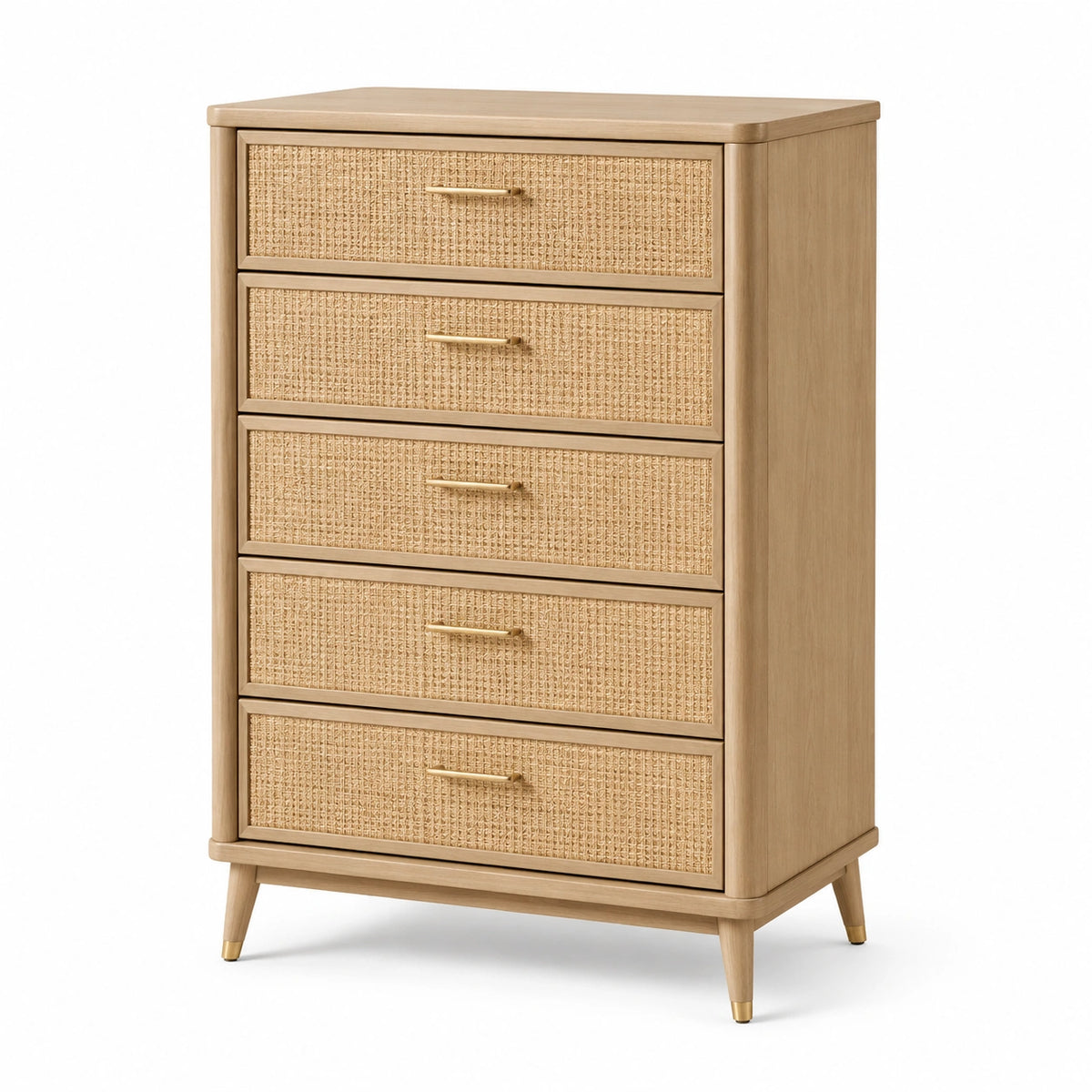 Commode en bois naturel et cannage beige, 5 tiroirs, 80 x 42 x 110 cm