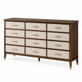 Commode à 12 tiroirs 180 x 50 x 90 cm en bois marron, tissu beige et détails dorés