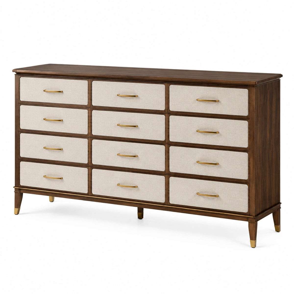 Commode à 12 tiroirs 180 x 50 x 90 cm en bois marron, tissu beige et détails dorés